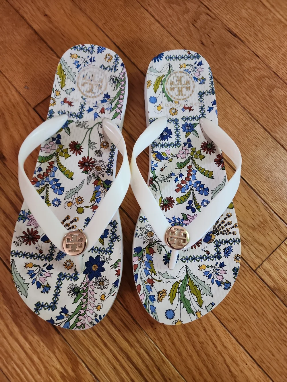 Tory Burch Off White With Floral Footbed Logo Sandals with Gold Medallions
